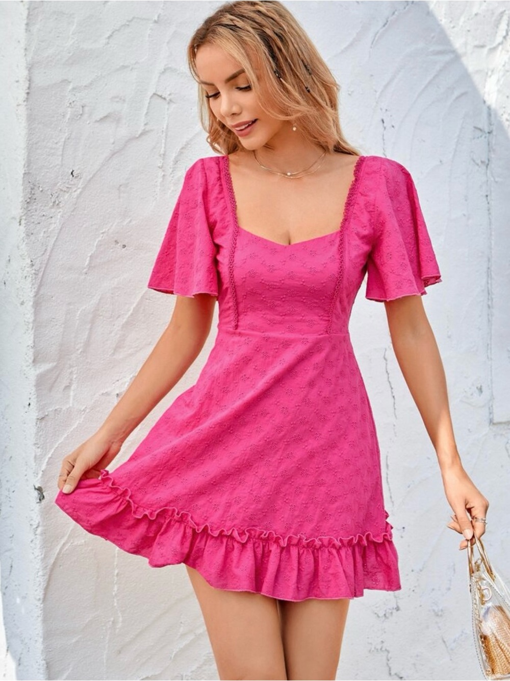 Double Crazy Bright Pink Eyelet Mini Dress